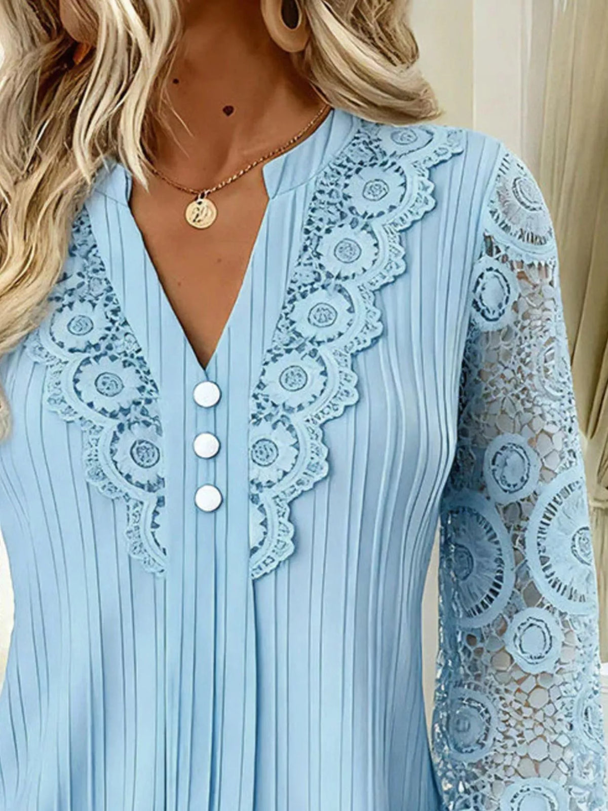 Lace Long Sleeve Notched Blouse - Lilixa.store