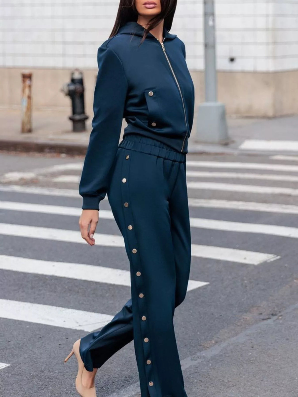 Hooded Zip-Up Jacket and Side-Button Wide-Leg Pant Set - Lilixa.store
