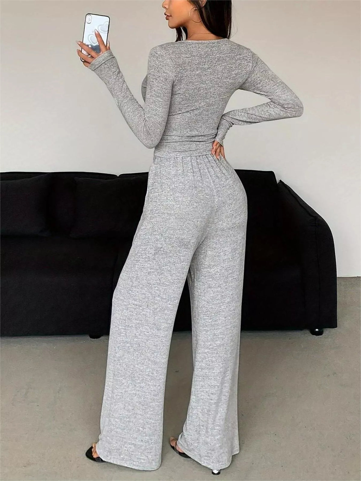 Button Detail Long Sleeve Top and Wide-Leg Pants Set