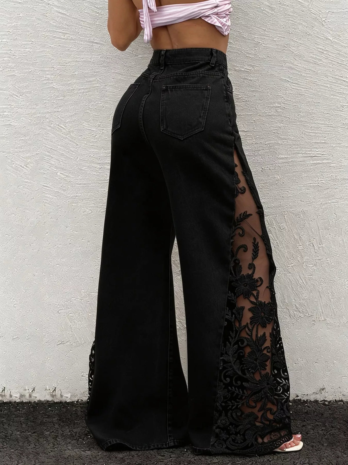 Lace Detail Wide-Leg Jeans in Black, view 3