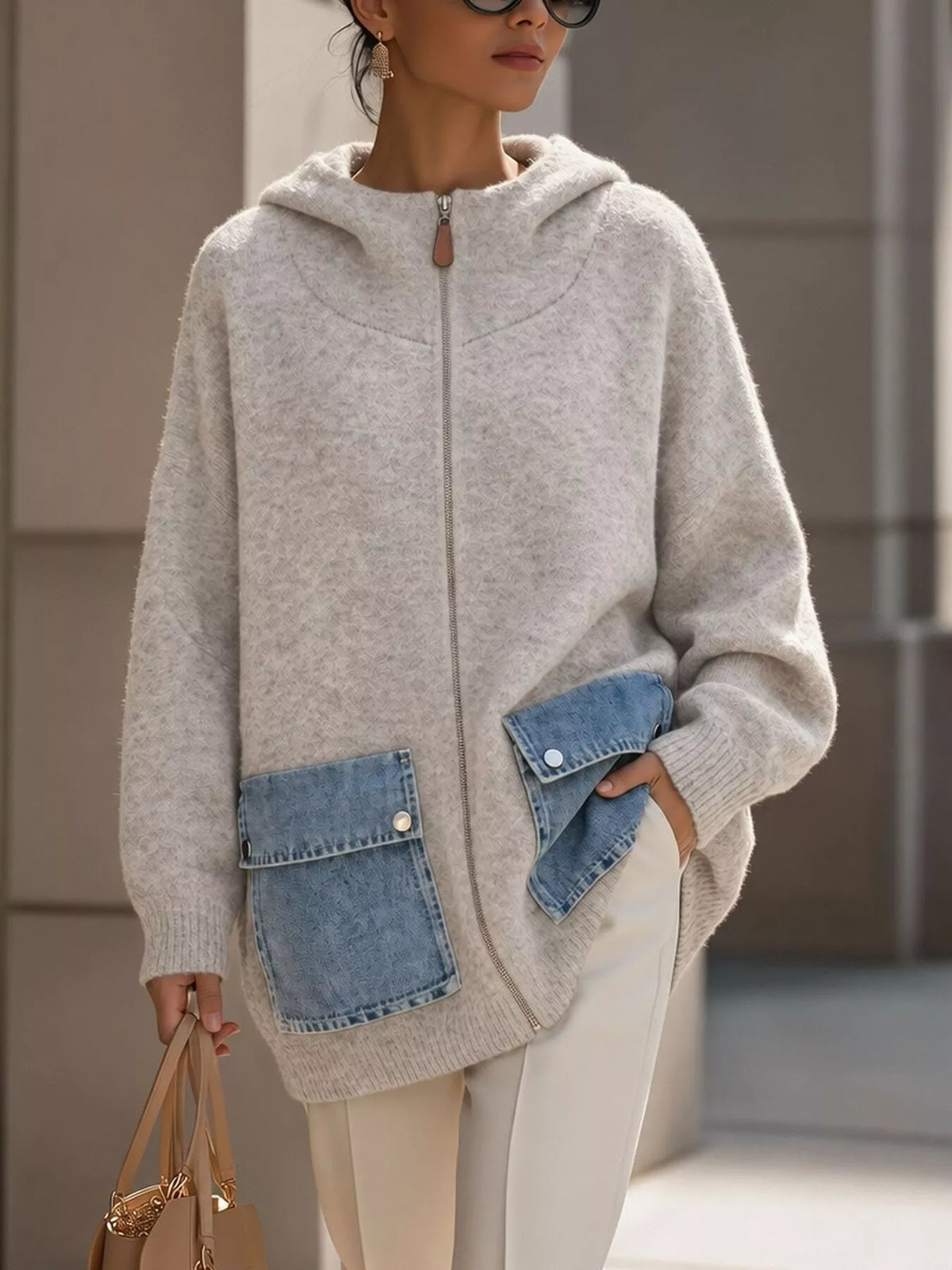 Contrast Denim Pockets Hooded Cardigan - Lilixa.store