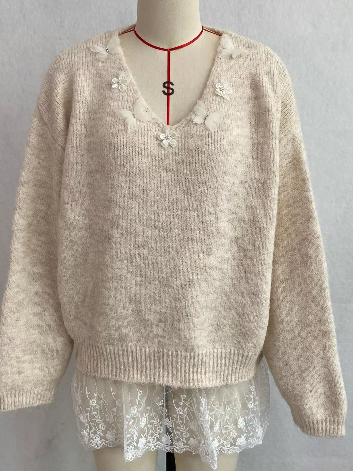 V-Neck Floral Applique Lace Hem Sweater, view 10