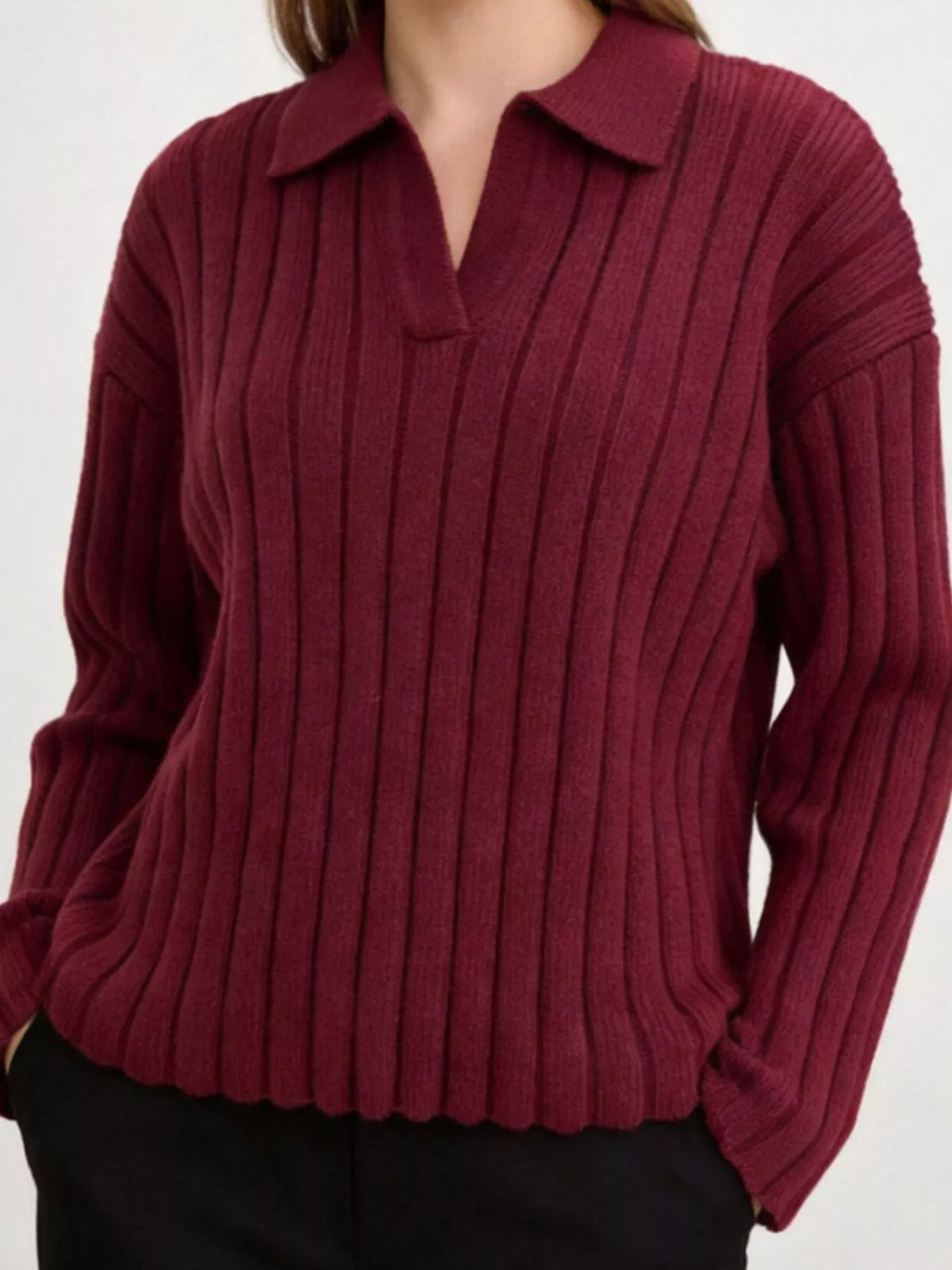 Ribbed Knit Polo Collar Sweater - Lilixa.store