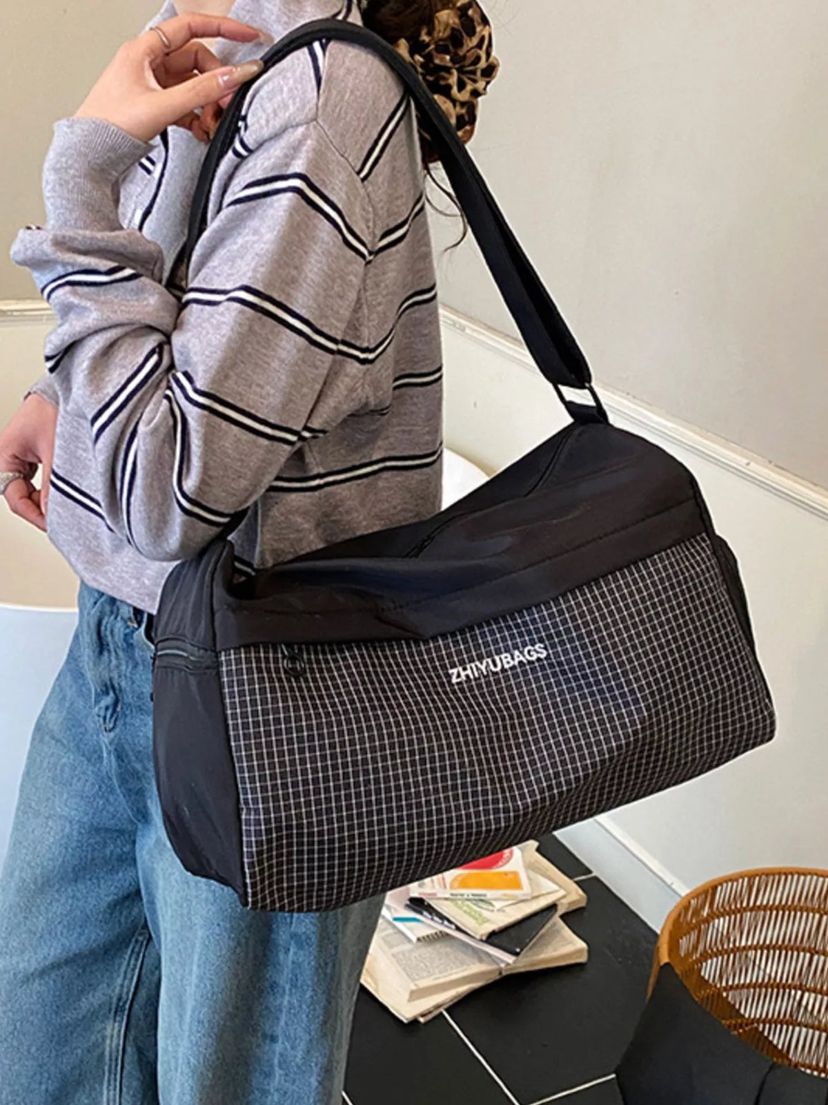 Plaid Oxford Cloth Travel Bag, view 3