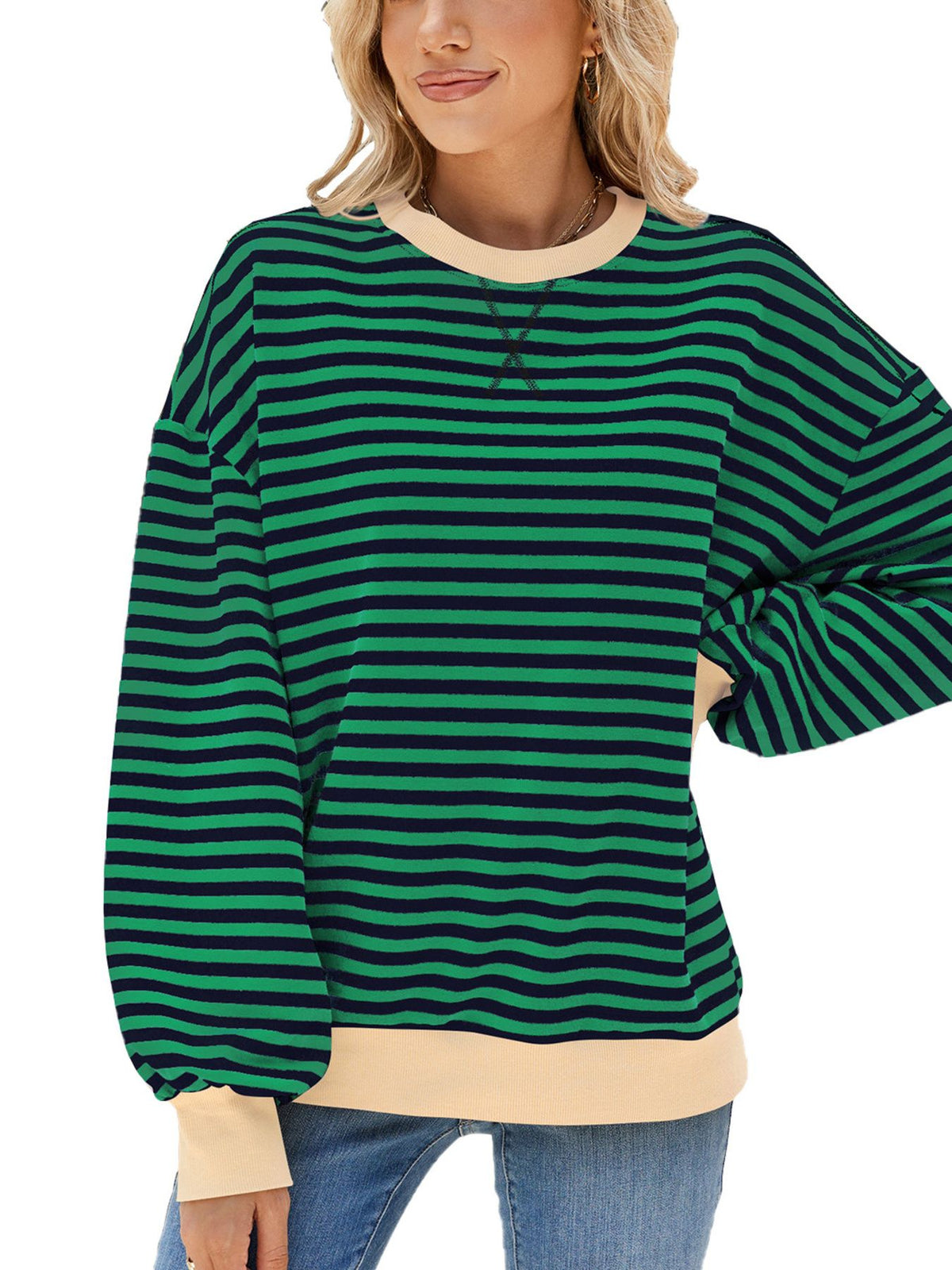 Striped Crew Neck Long Sleeve Sweatshirt in Dark Green