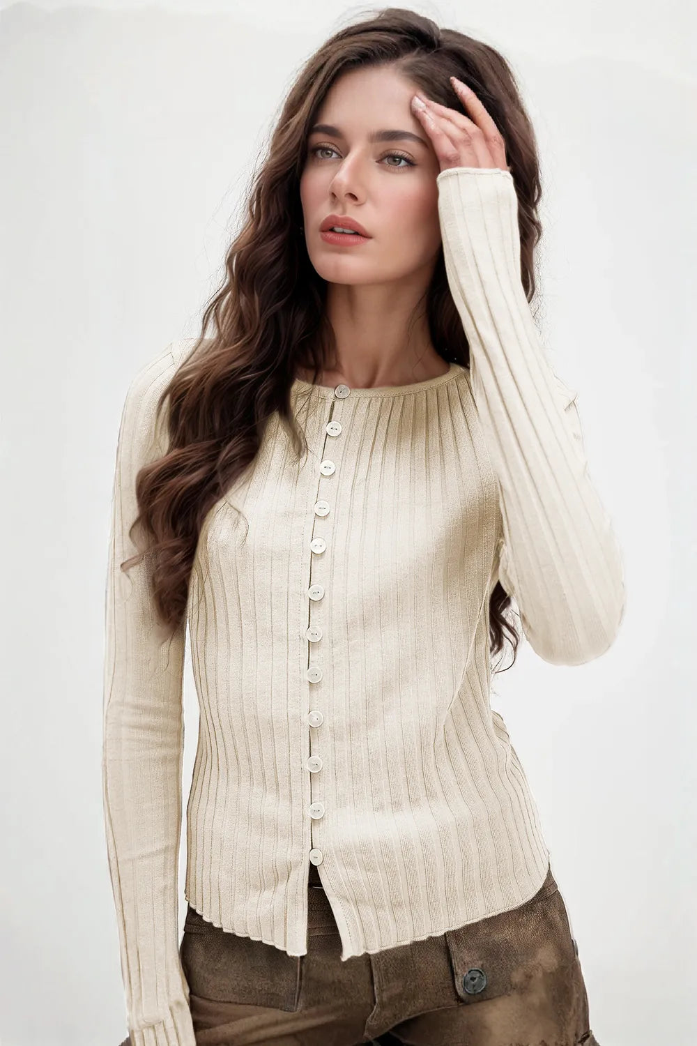 Basic Bae Texture Button Up Round Neck Long Sleeve Top in Beige