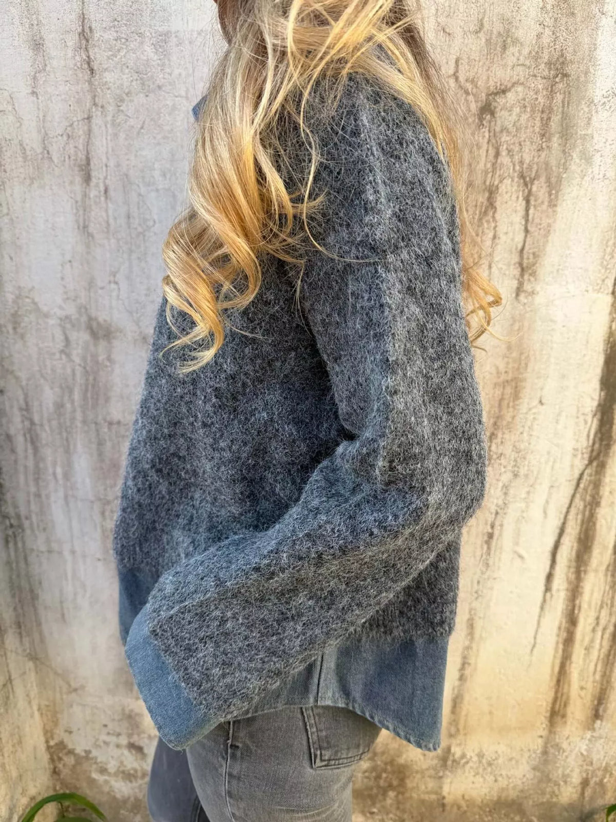 Contrast Denim Collar Half-Zip Knit Sweater - Lilixa.store