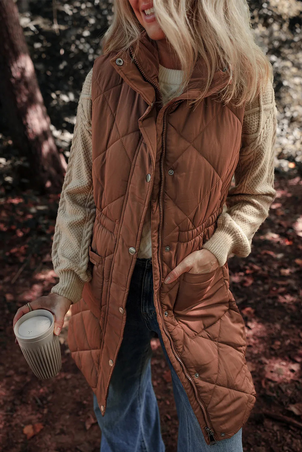 Pocketed Zipper and Button Vest Coat in Brown