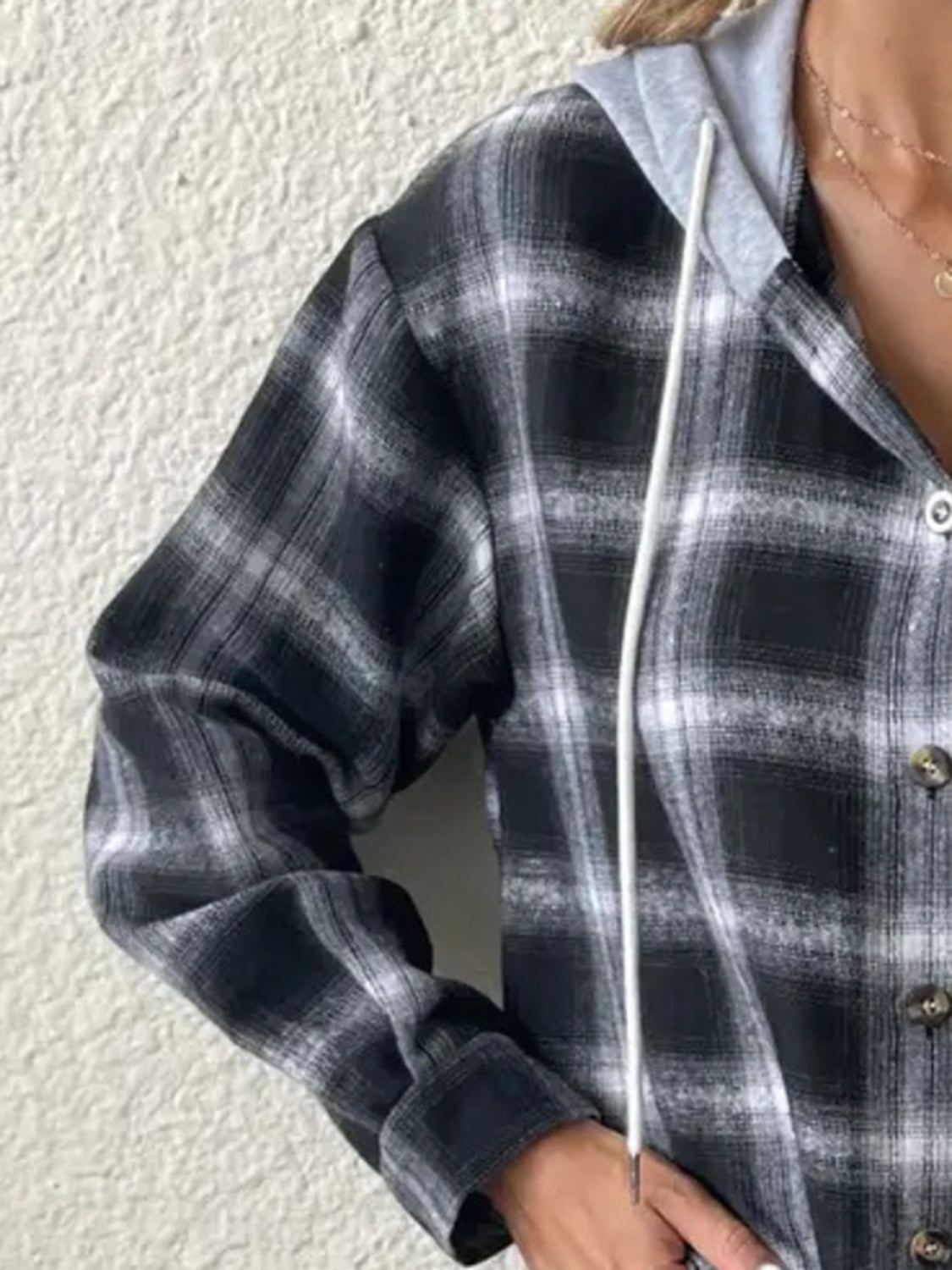Plaid Drawstring Button Up Hooded Jacket, view 8