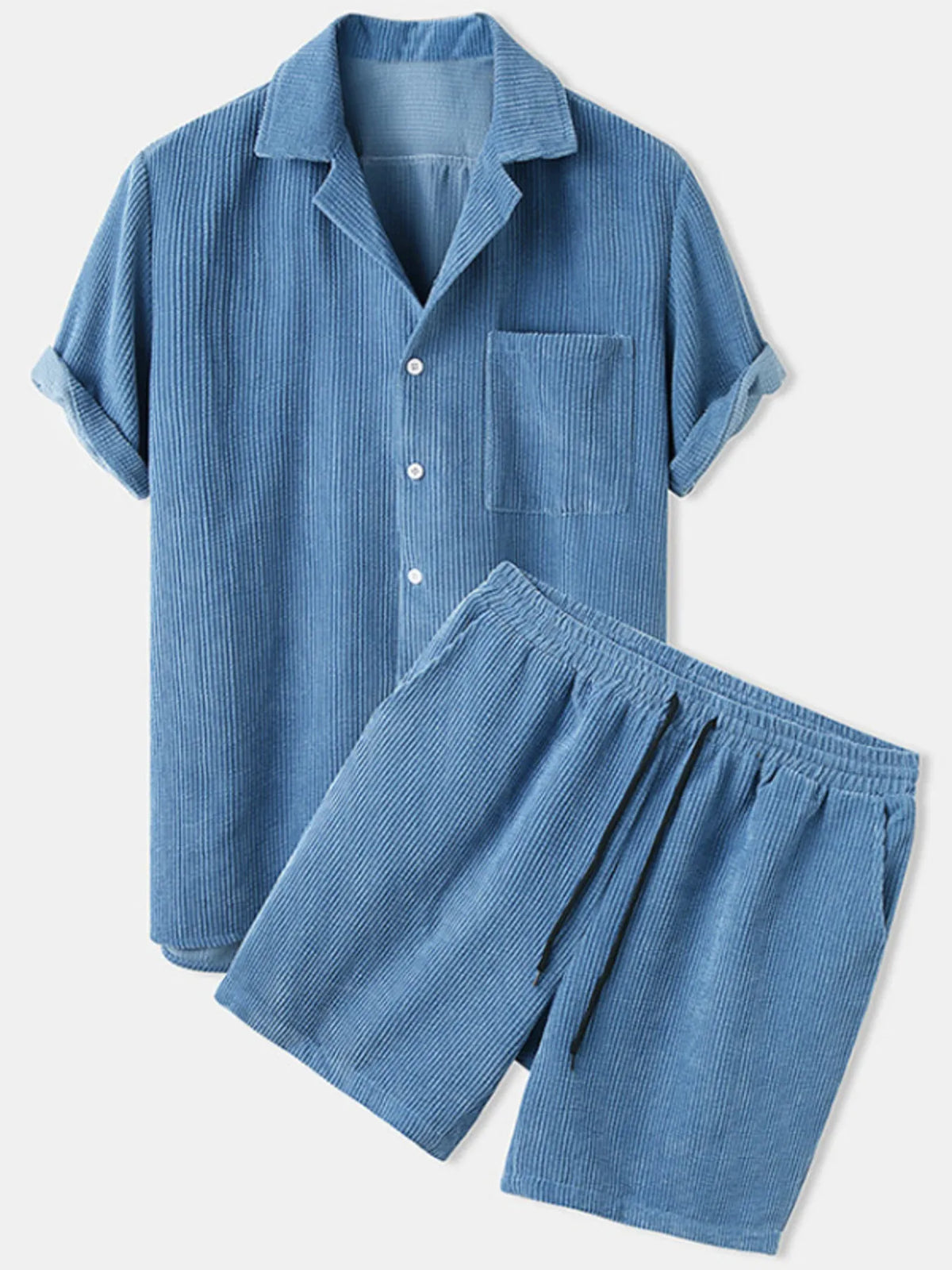 Men's Full Size Classic Textured Top and Shorts Set Plus Size in Blue
