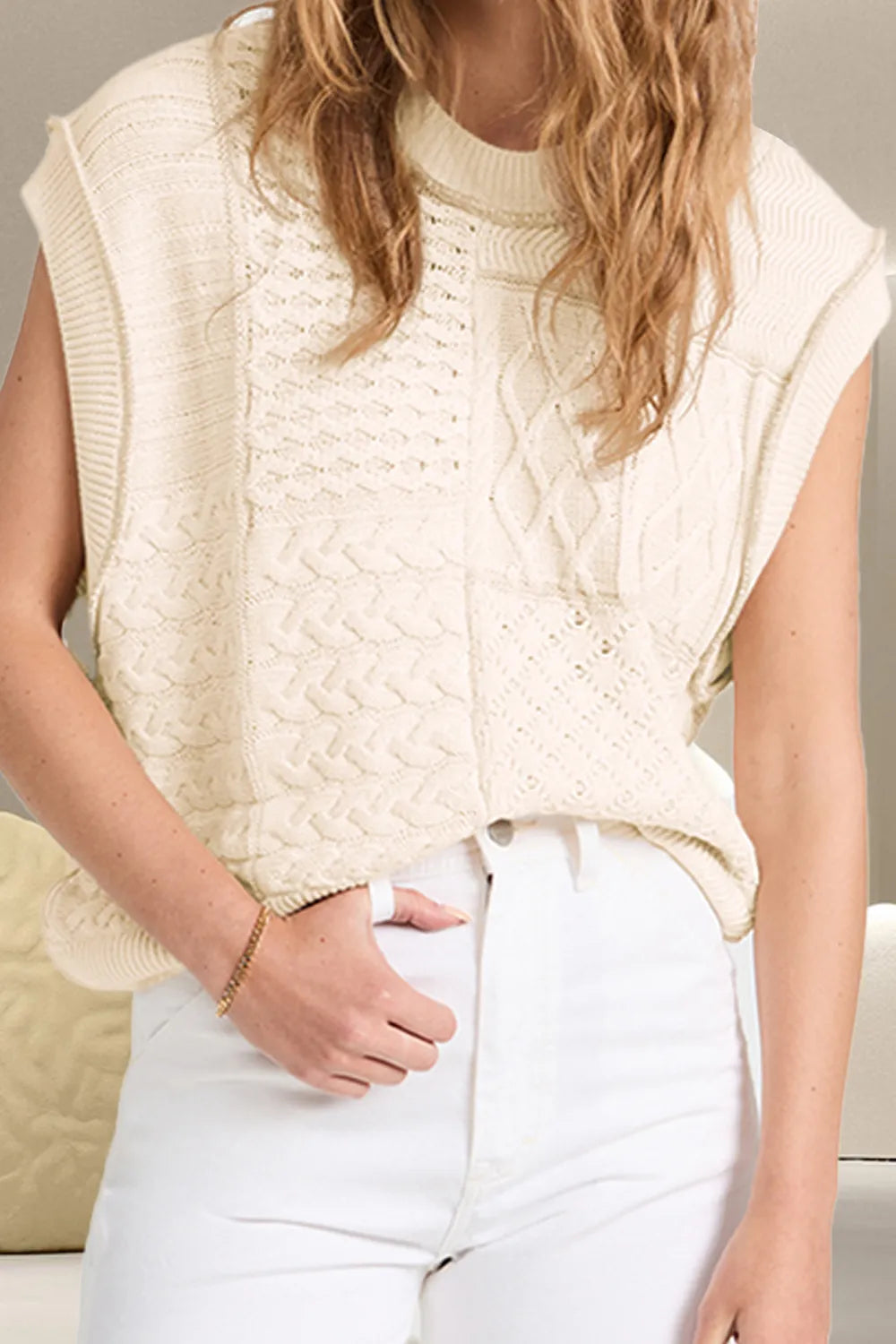 Cable-Knit Round Neck Sweater Vest in Ivory