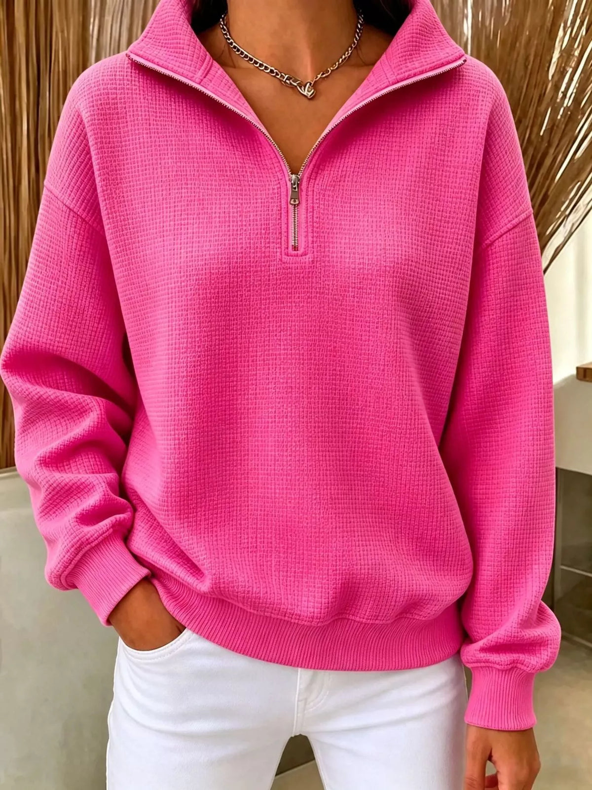 Full Size Waffle Knit Quarter-Zip Sweatshirt Plus Size - Lilixa.store