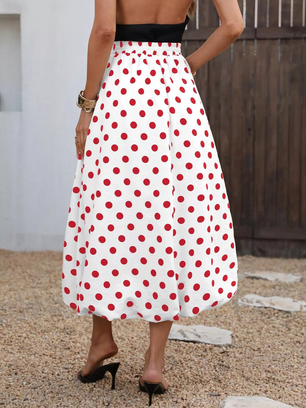 High-Waisted Polka Dot A-Line Midi Skirt, view 6