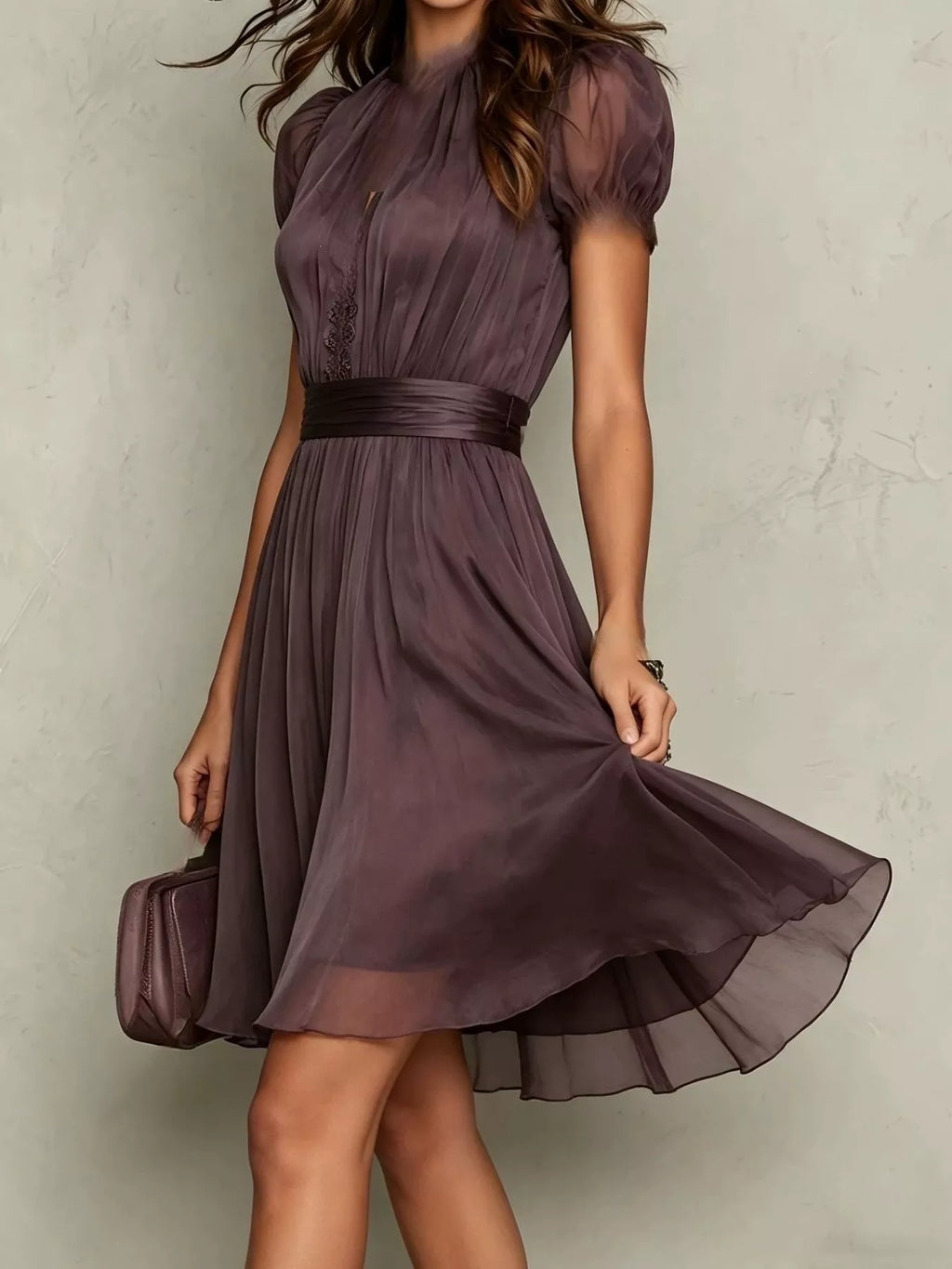 Full Size Lace Trim Puff Sleeve A-Line Dress Plus Size - Lilixa.store