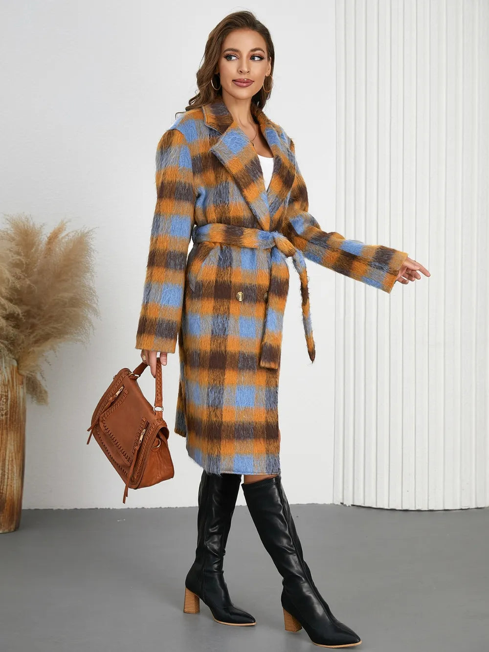 Tied Plaid Collared Neck Coat, view 4