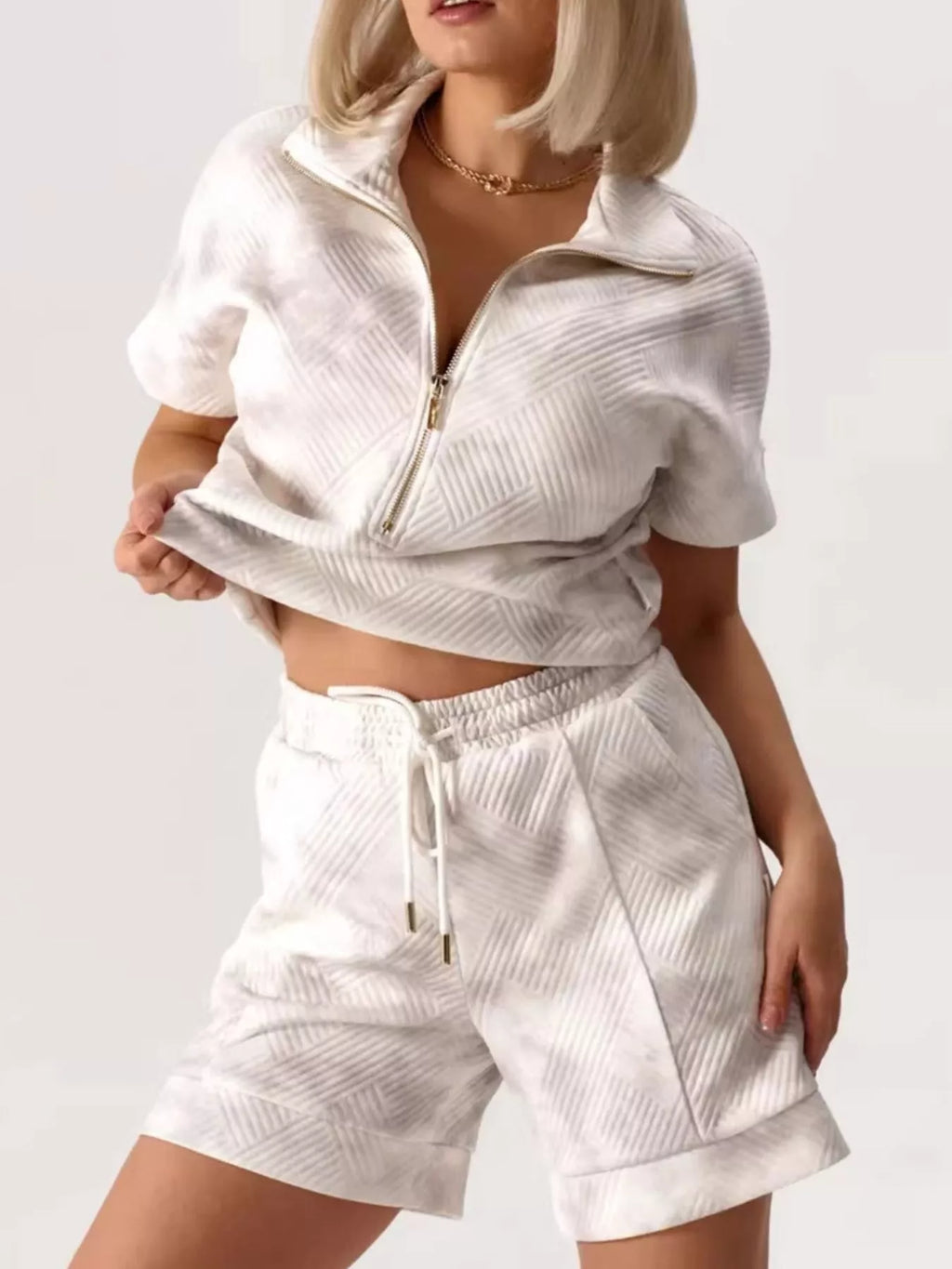 Half Zip Short Sleeve Top and Shorts Set - Lilixa.store