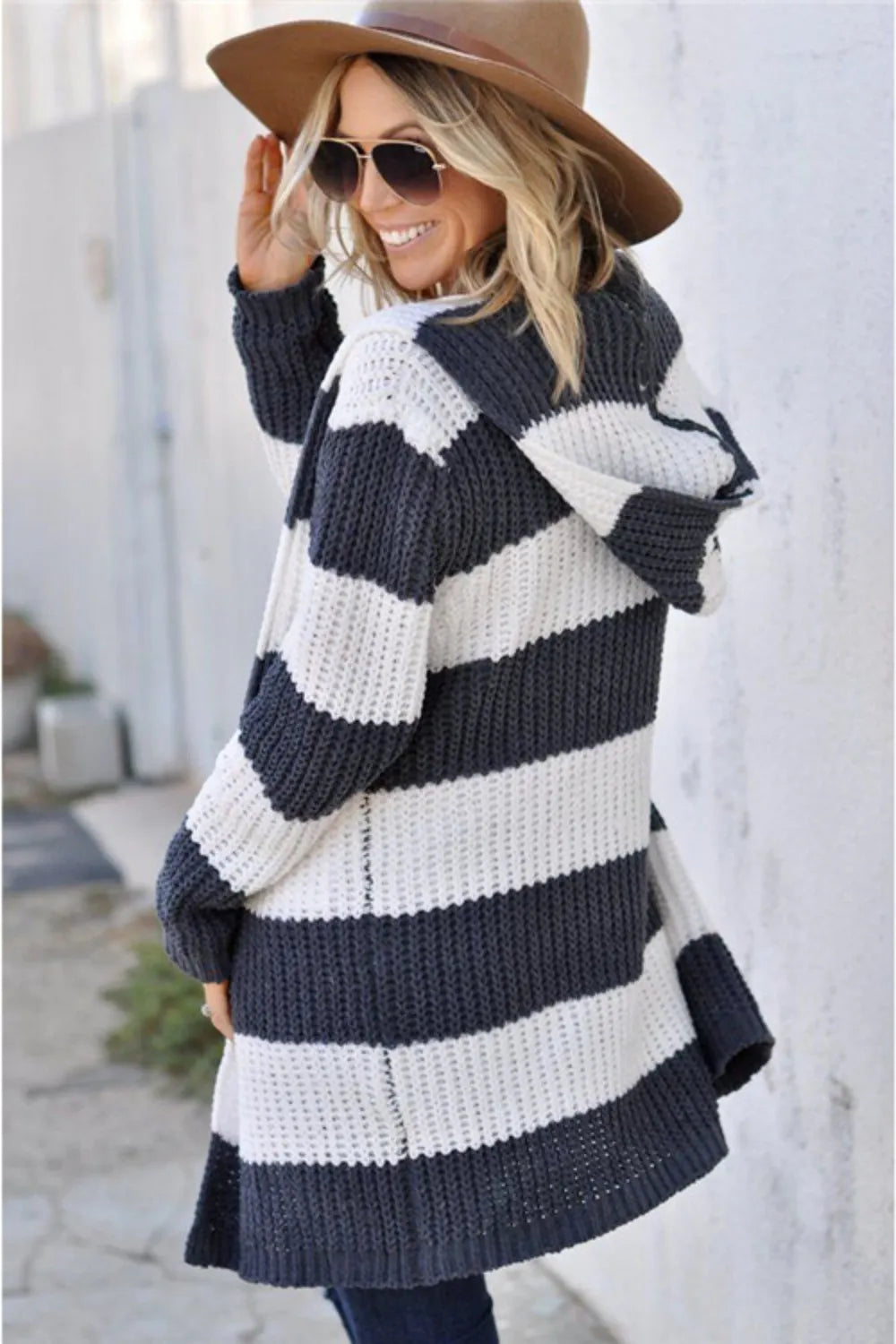 Contrast Stripes Open Front Long Sleeve Cardigan - Lilixa.store