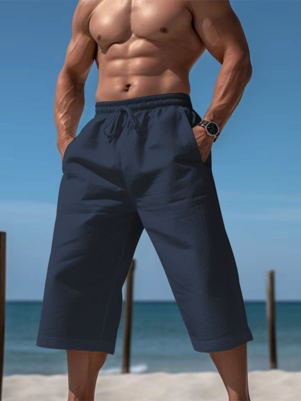 Men's Full Size Casual Drawstring Cropped Pants Plus Size in Navy