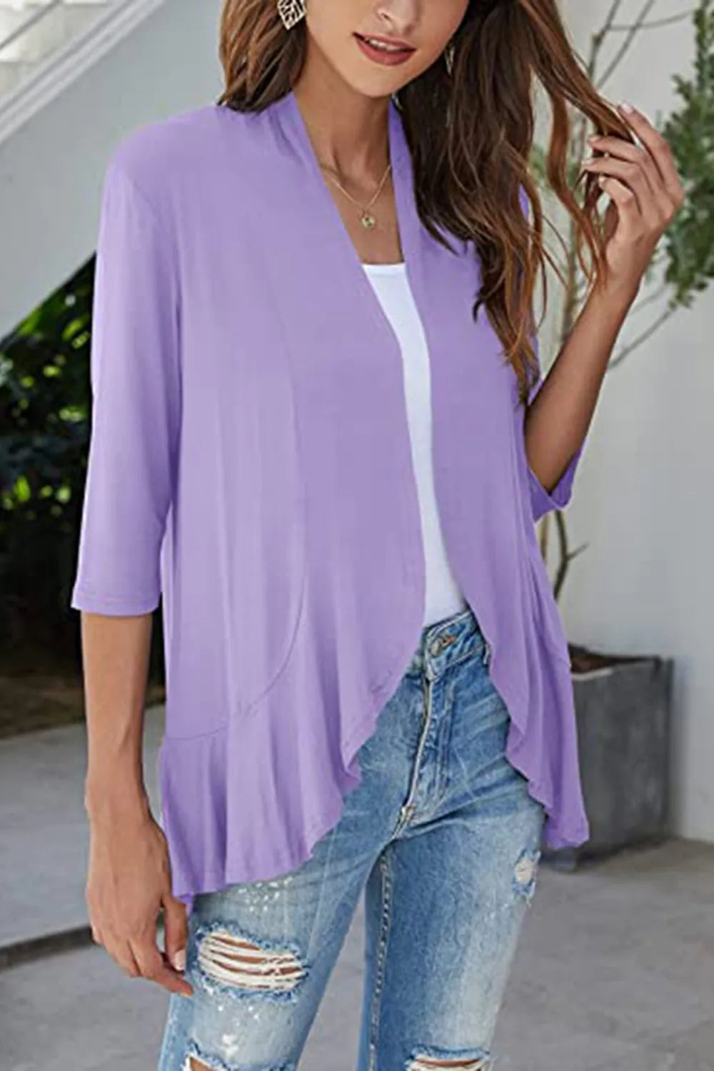 Open Front Three-Quarter Sleeve Cardigan in Lavender