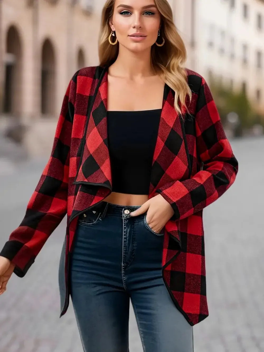 Plaid Open Front Long Sleeve Jacket, view 3