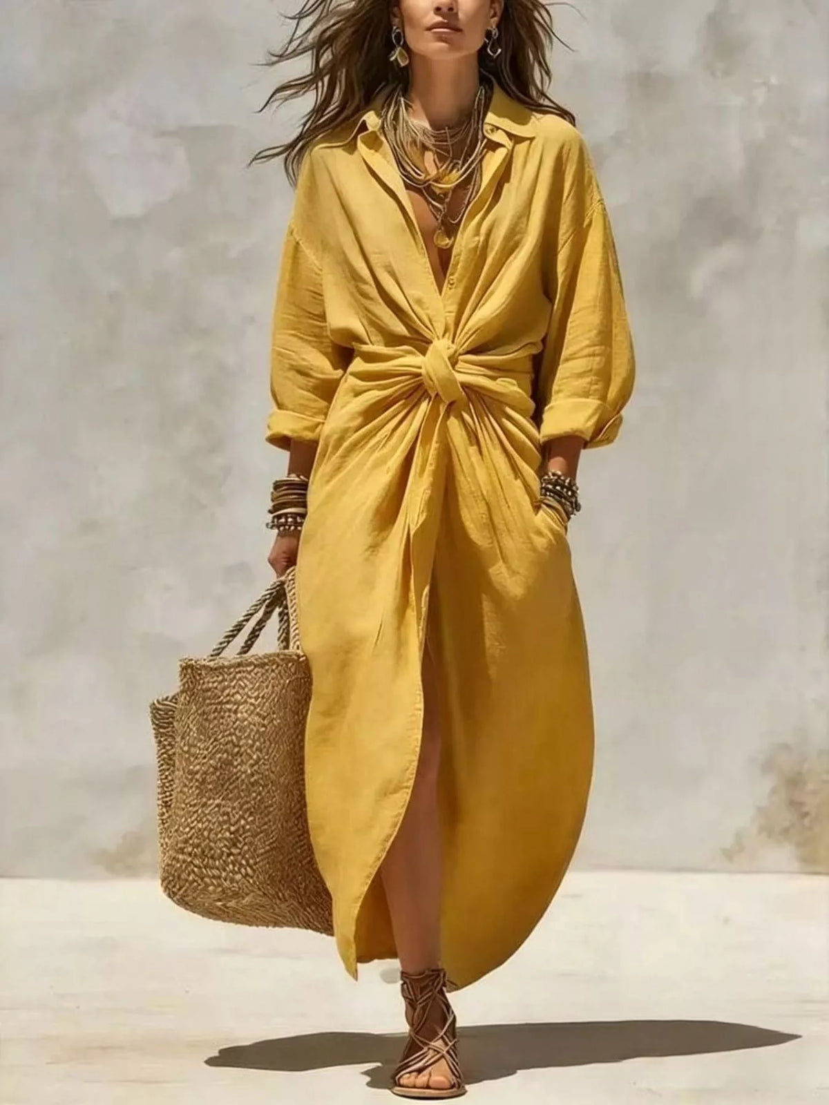 Front-Tie Maxi Shirt Dress - Lilixa.store