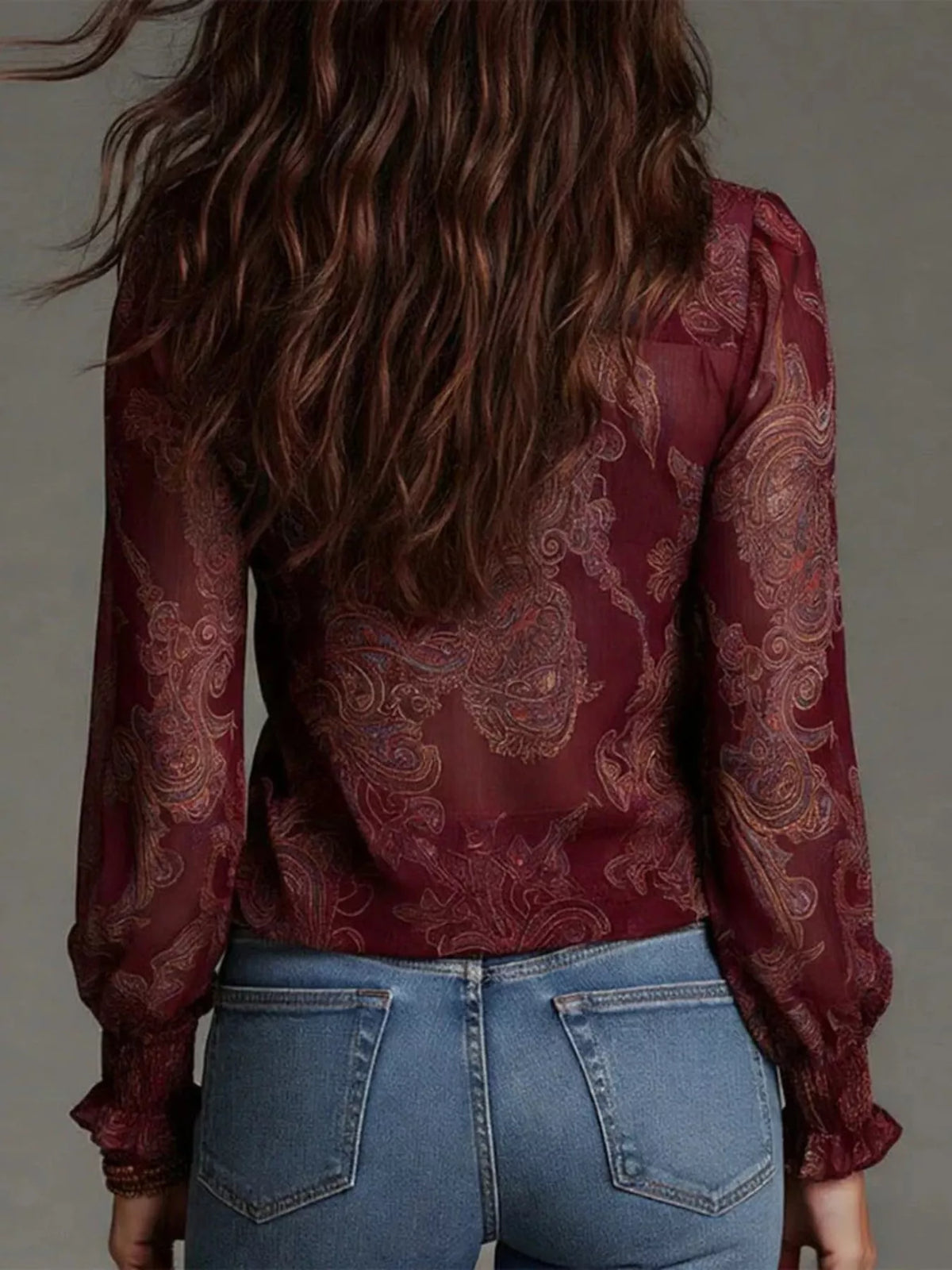 Full Size Paisley Print Ruffle Trim Zip-Front Blouse Plus Size, view 7