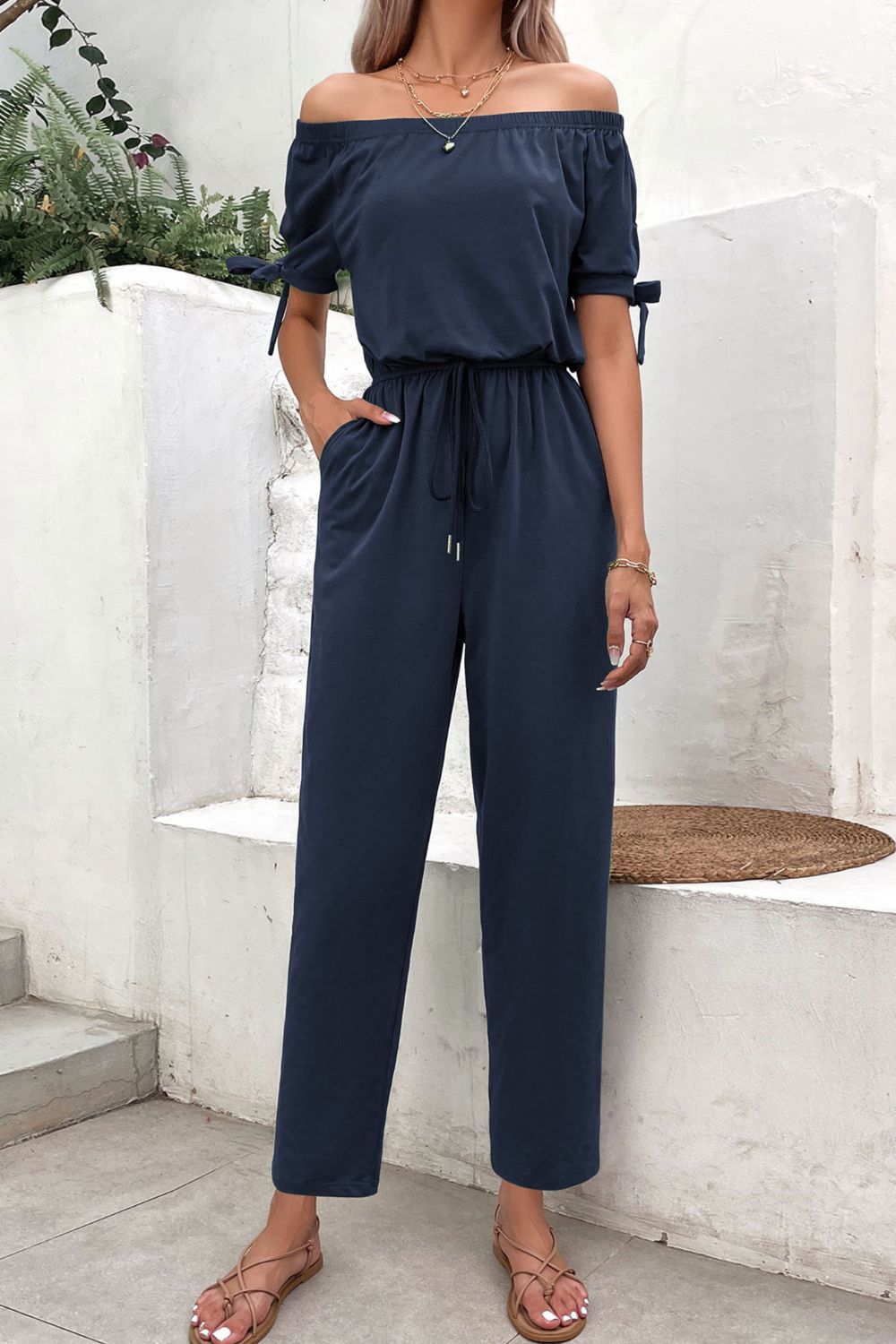 Perfee Off-Shoulder Tie Cuff Jumpsuit with Pockets - Lilixa.store