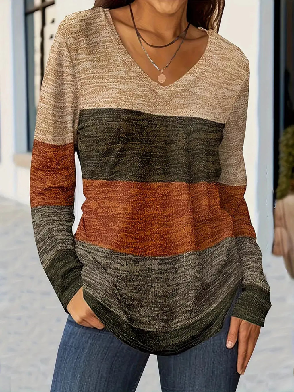 V-Neck Color Block Long Sleeve Casual T-Shirt - Lilixa.store