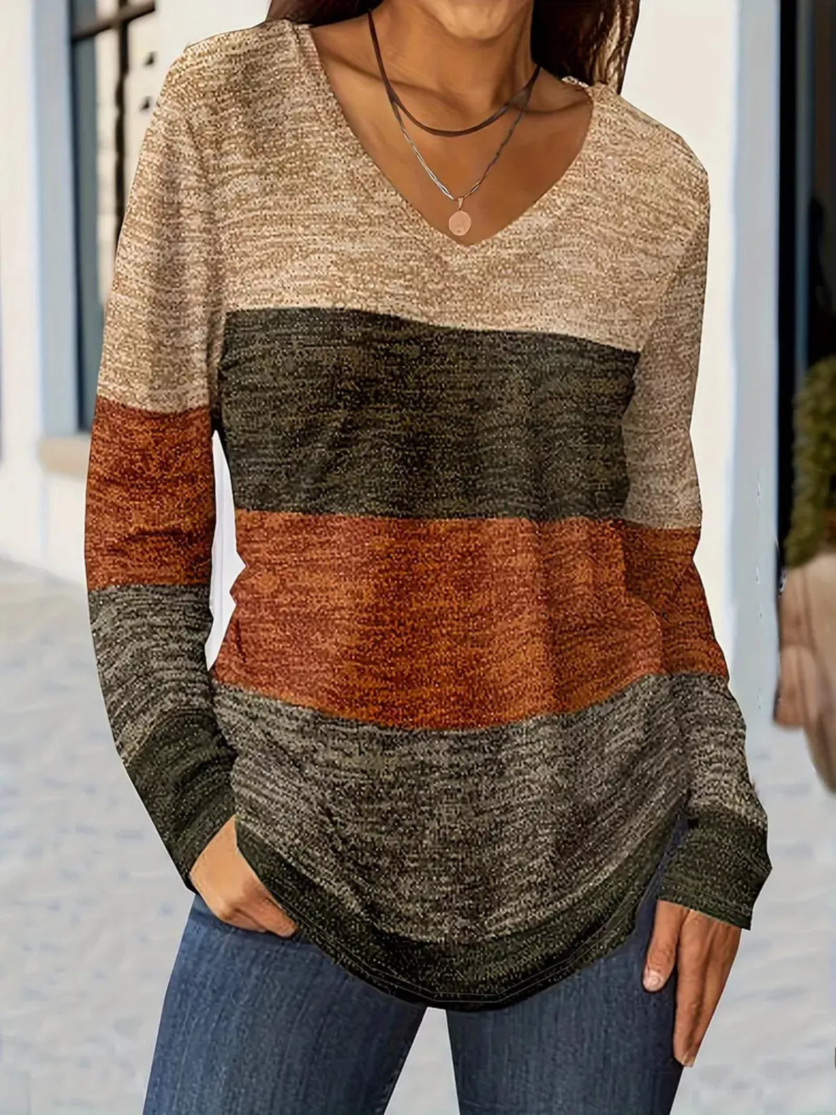 V-Neck Color Block Long Sleeve Casual T-Shirt - Lilixa.store