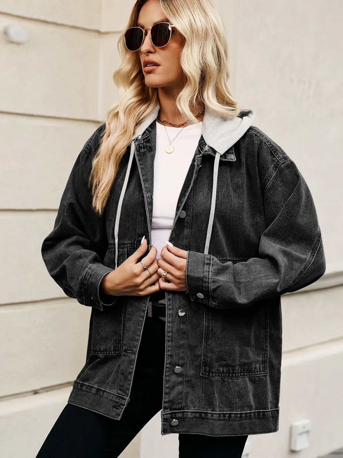 Oversized Button Up Denim Jacket with Hood in Black