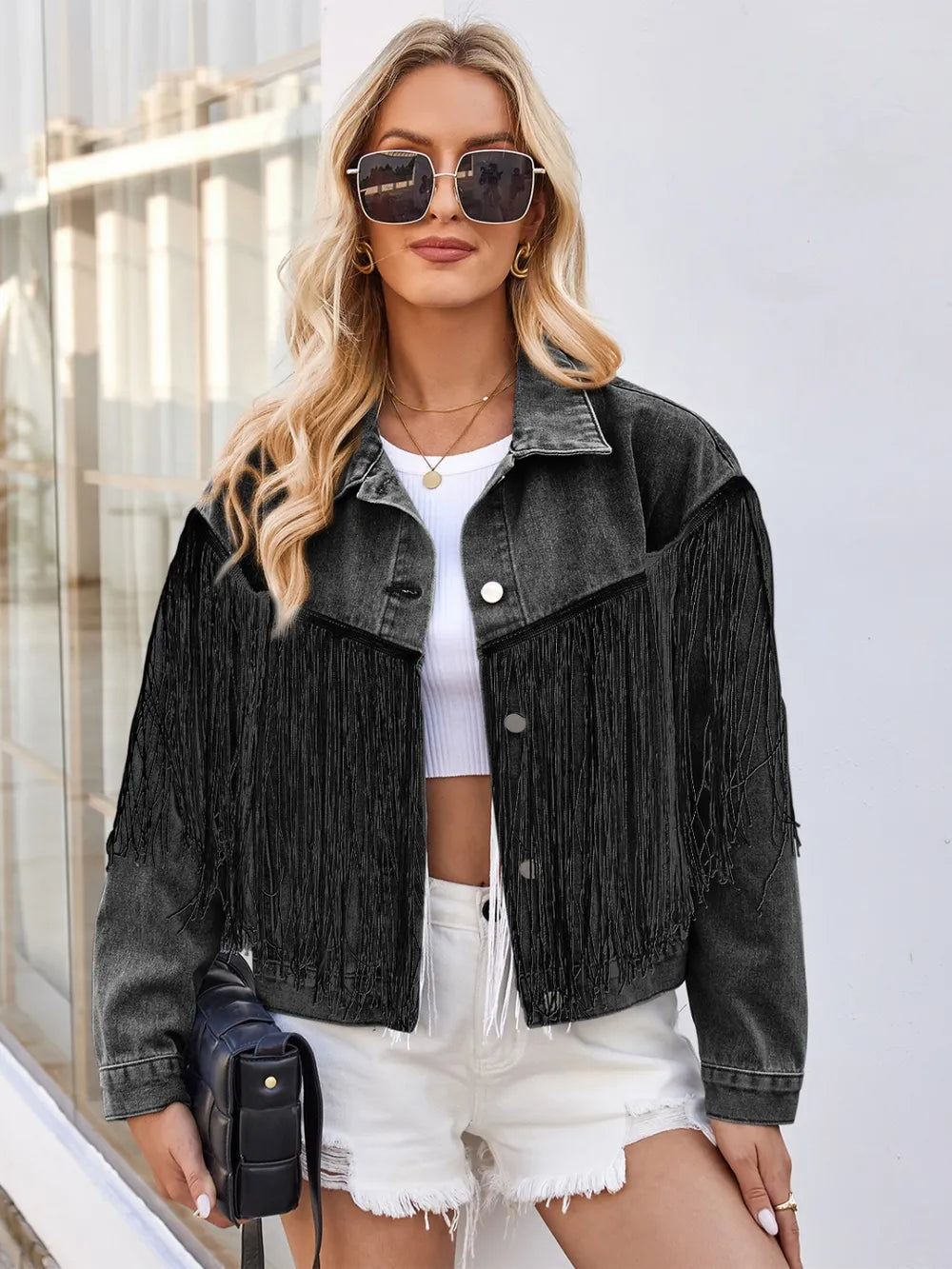Tassel Button Up Dropped Shoulder Denim Jacket in Black, view 7