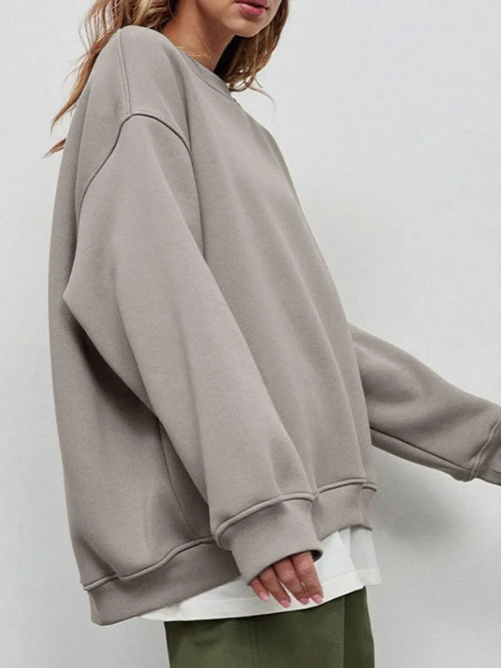 Round Neck Dropped Shoulder Long Sleeve Sweatshirt - Lilixa.store