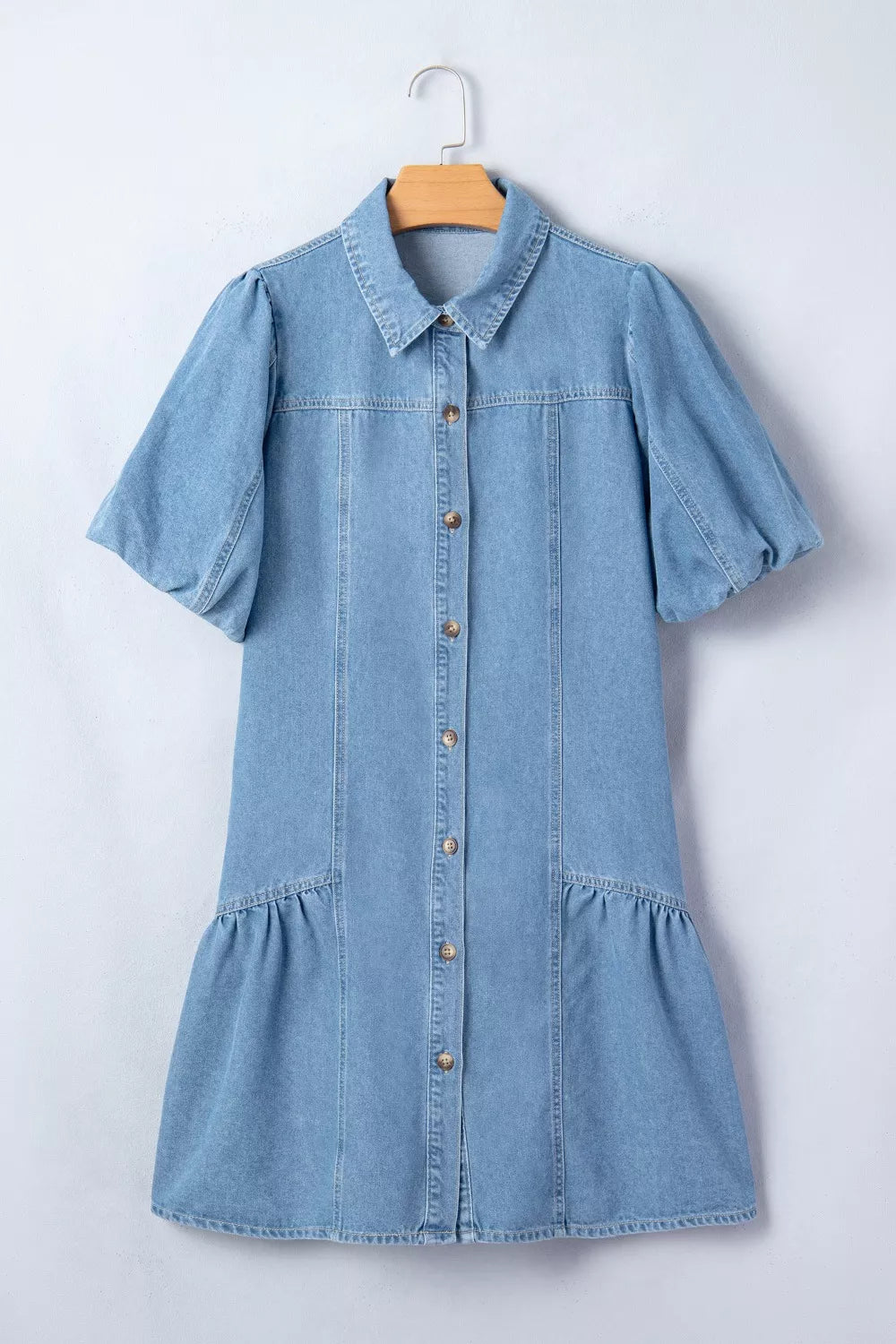 Button Down Short Puff Sleeve Ruffle Hem Denim Dress in Light Blue, view 7
