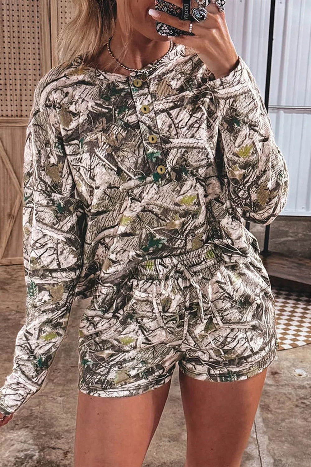 Camo Long Sleeve Top Elastic Waist Shorts Two Piece Set - Lilixa.store