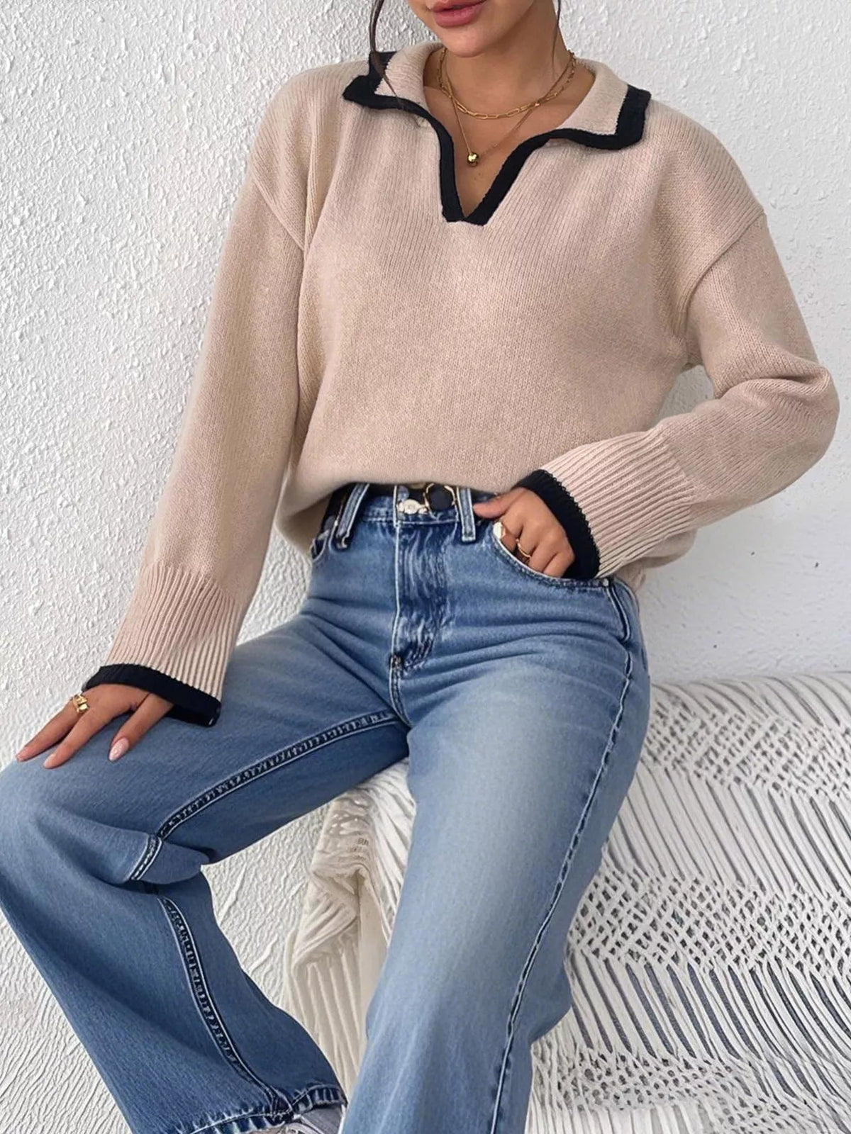 Contrast Trim Polo Collar Sweater - Lilixa.store