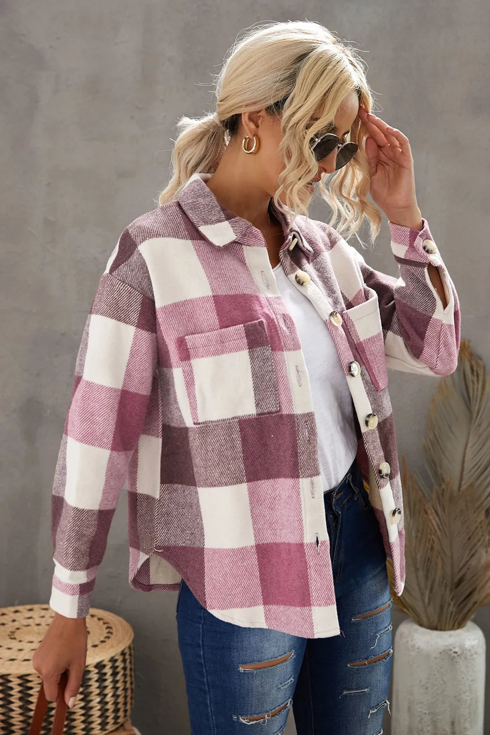 Plaid Button Up Dropped Shoulder Jacket, view 2