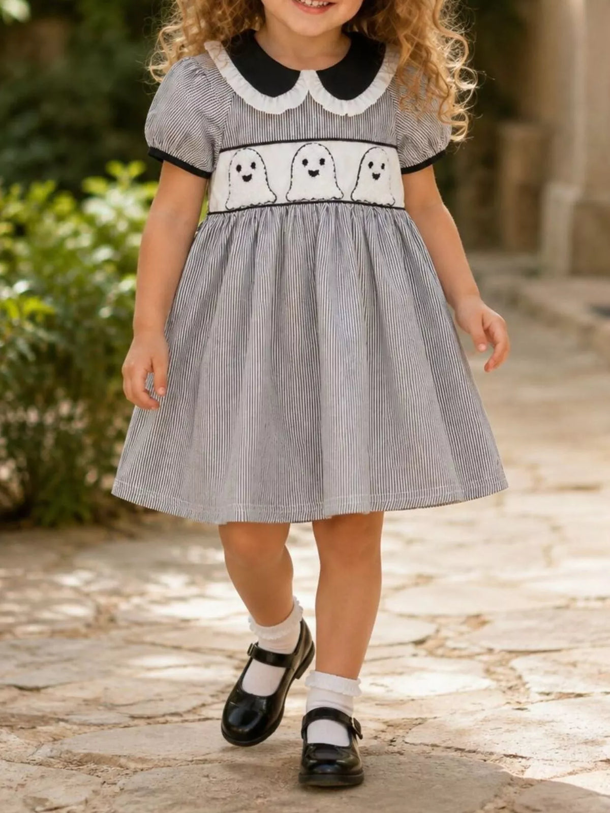 Children's Halloween Ghost Smocked Gingham Dress