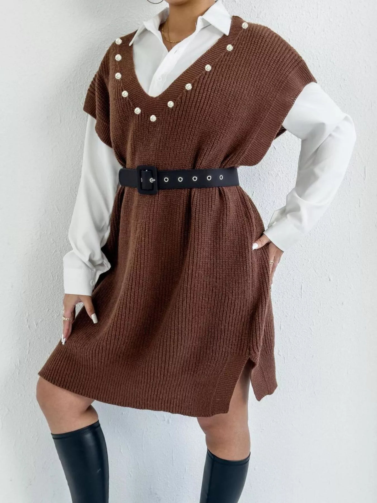Slit V-Neck Sweater Dress, view 2