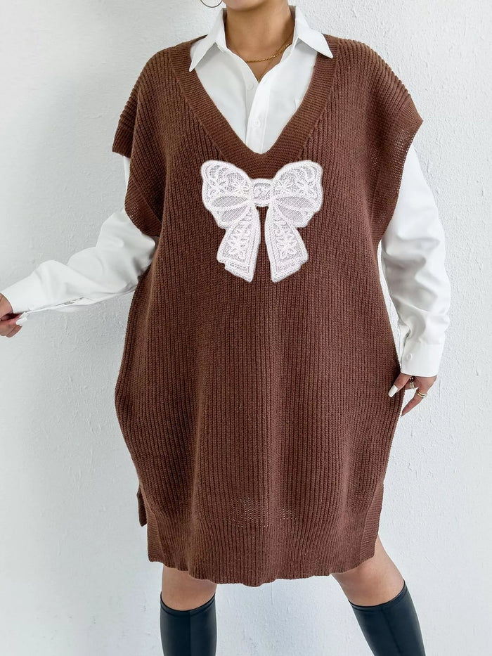 Embroidered Bow V-Neck Sweater Vest - Lilixa.store