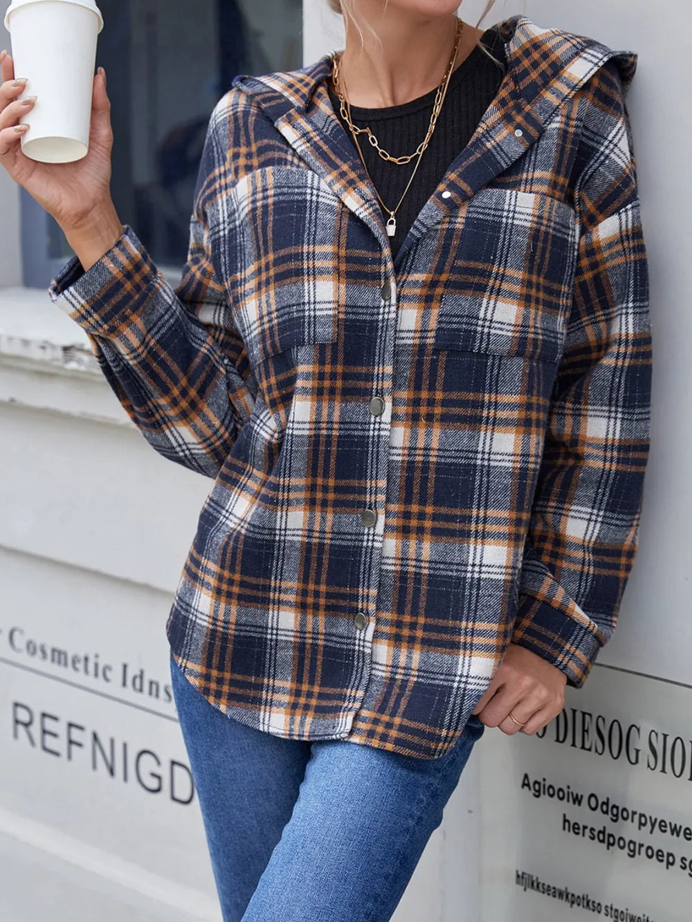Ivy Lane Plaid Button Up Long Sleeve Hooded Jacket in Navy