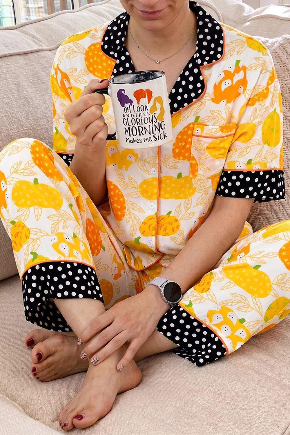 Short Sleeve Pumpkin Print Polka Dot Trim Pocket Placket Lounge Set - Lilixa.store