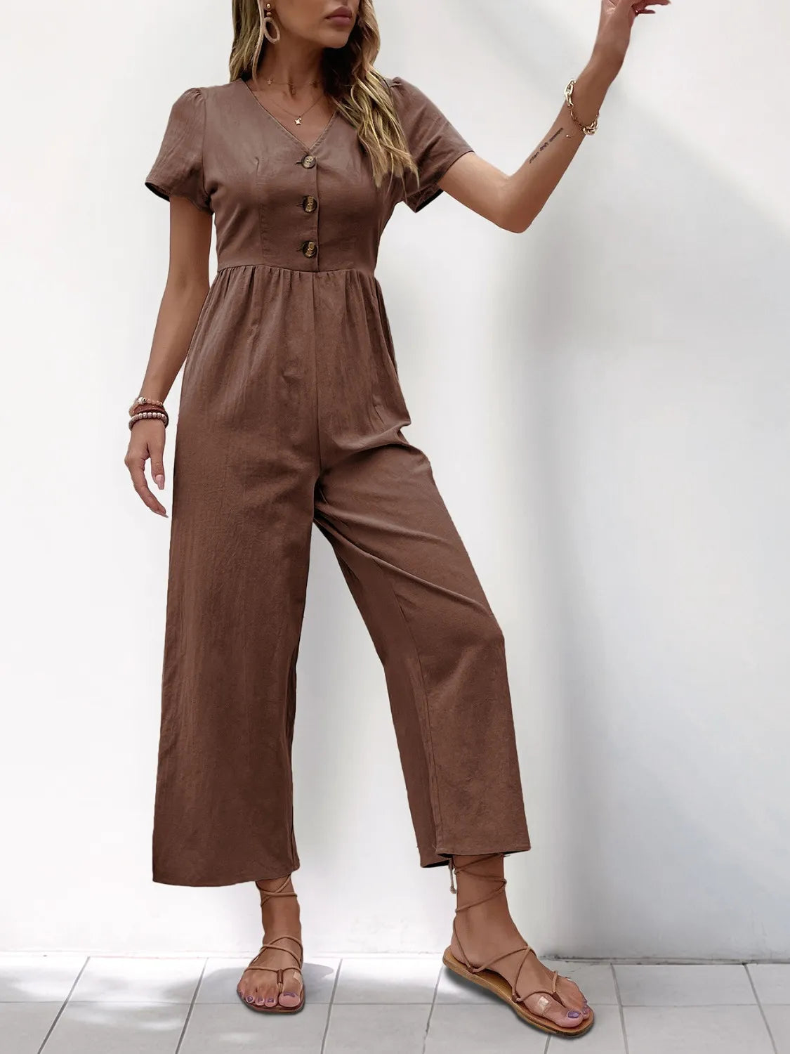 V-Neck Short Sleeve Wide Leg Jumpsuit - Lilixa.store