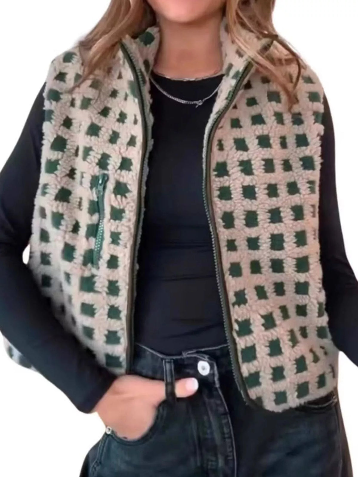 Plaid Zip Up Vest Coat - Lilixa.store