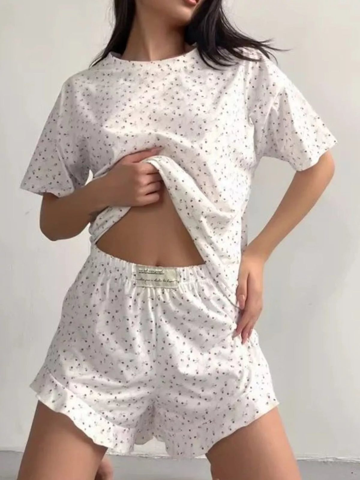 Floral Print Short Sleeve Top and Shorts Lounge Set