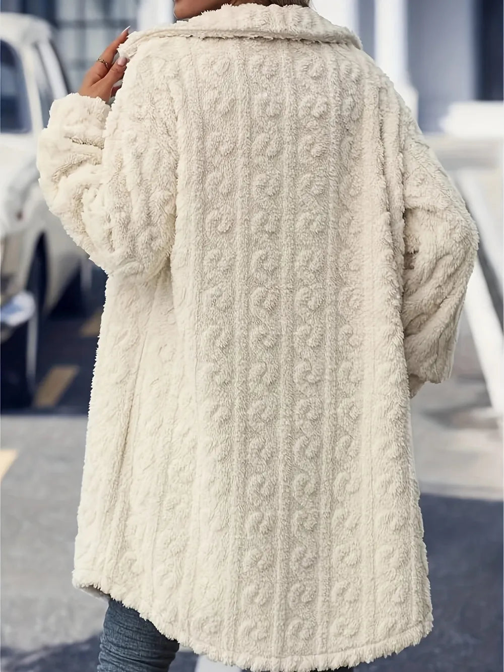 Fuzzy Button Up Long Sleeve Longline Coat in Cream, view 5