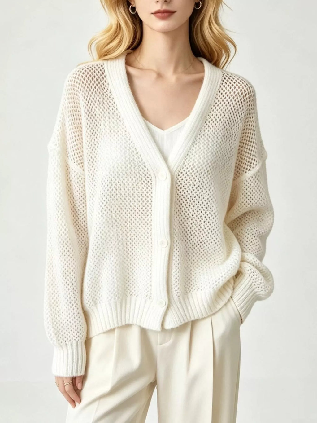 V-Neck Open-Knit Button-Down Cardigan - Lilixa.store