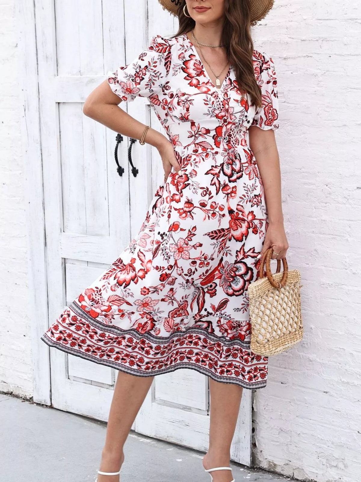 Floral Print Puff Sleeve Wrap Midi Dress