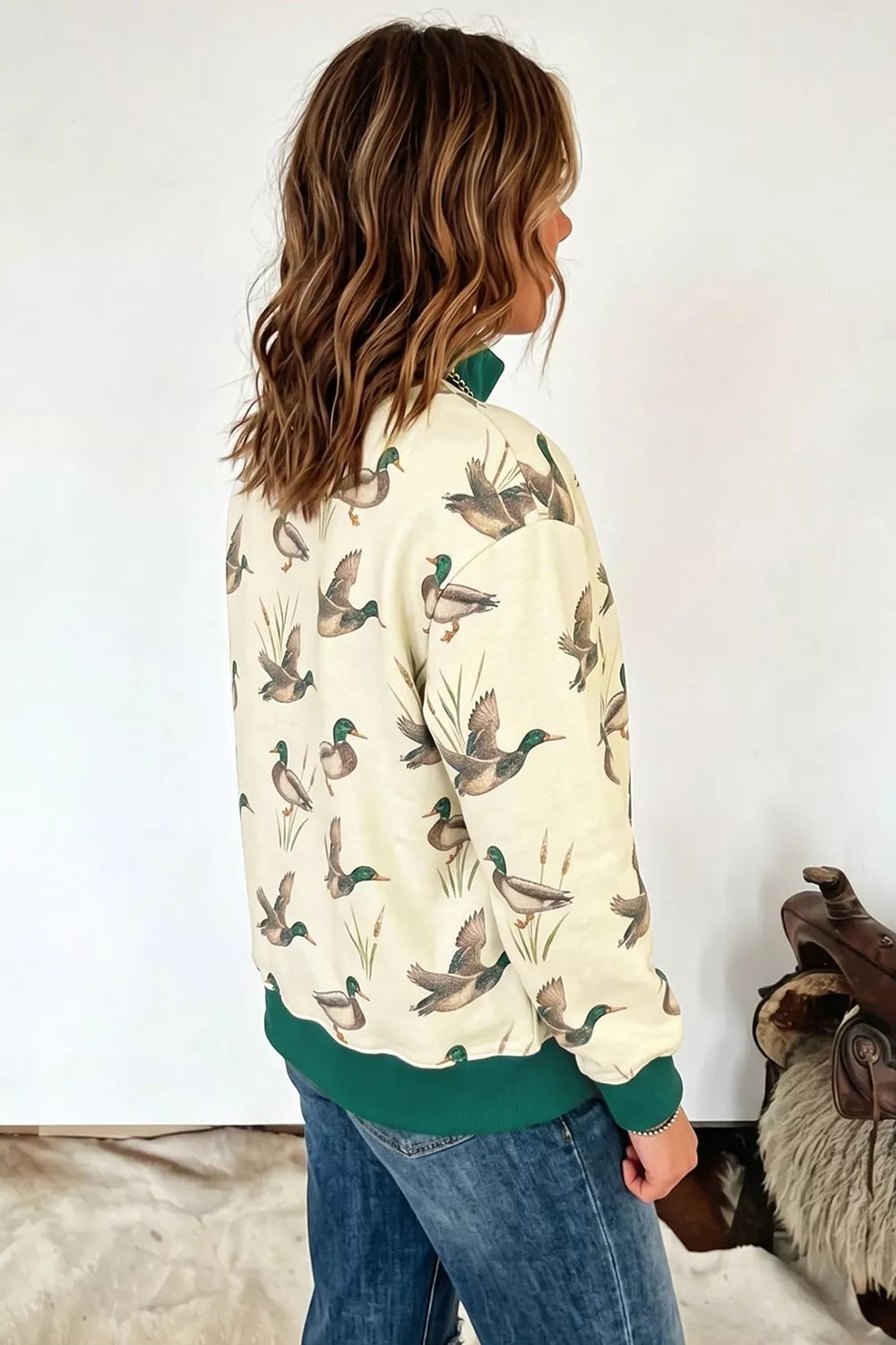 Duck Print Mock Neck Sweatshirt - Lilixa.store