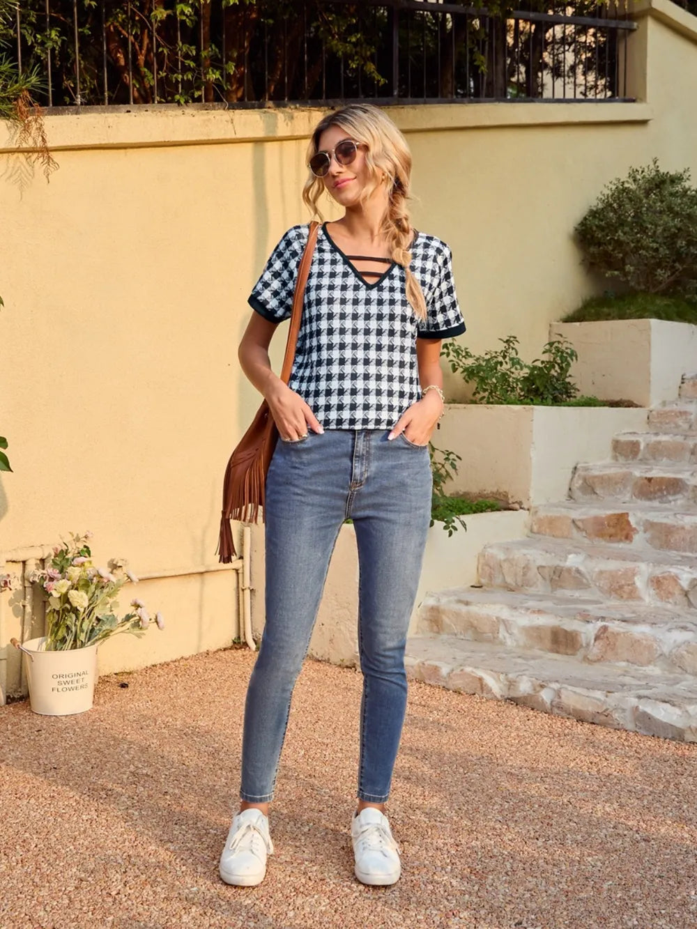 Houndstooth V-Neck Short Sleeve T-Shirt - Lilixa.store
