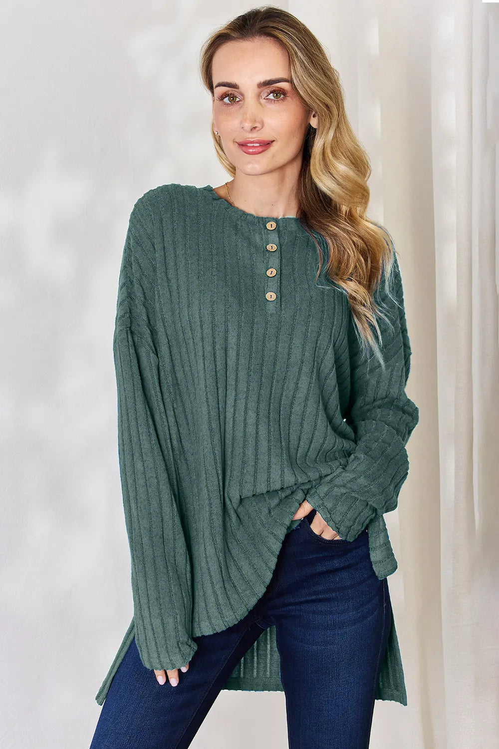 Basic Bae Full Size Ribbed Half Button Long Sleeve High-Low T-Shirt - Lilixa.store
